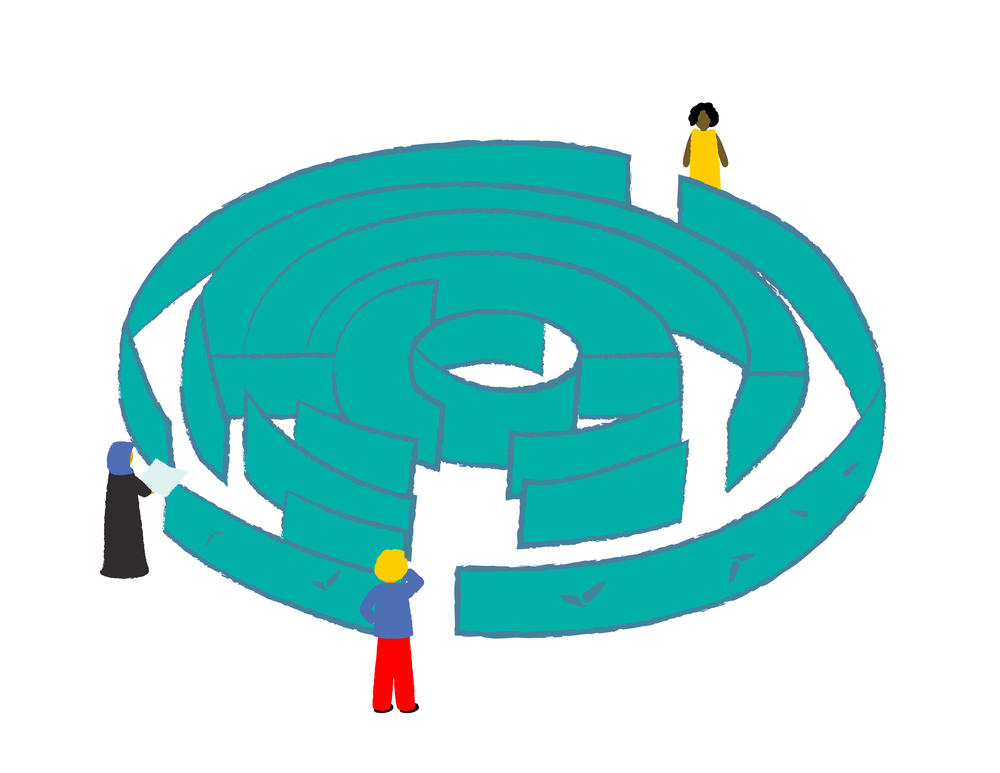 a circular maze that has three entrances with a person at each entrance